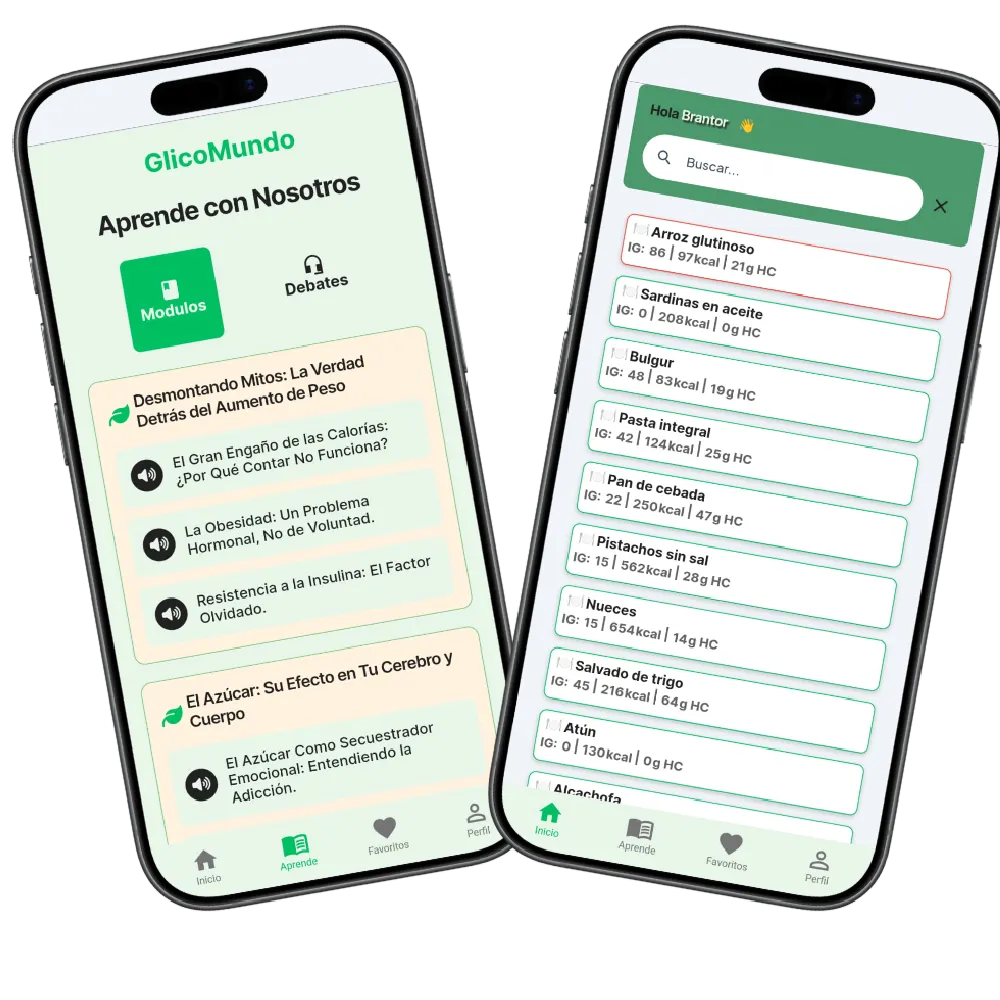 Aplicación GlicoMundo mostrando gráficos de índice glucémico