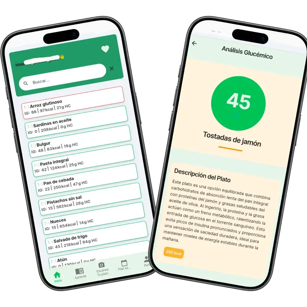 Aplicación GlicoMundo mostrando gráficos de índice glucémico